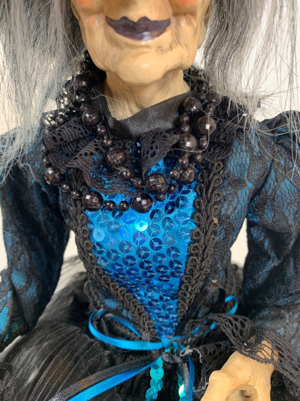 Spooky Old Witch With Broom Doll Shelf Sitter Blue Black Halloween Scary Decor - Picture 6 of 16